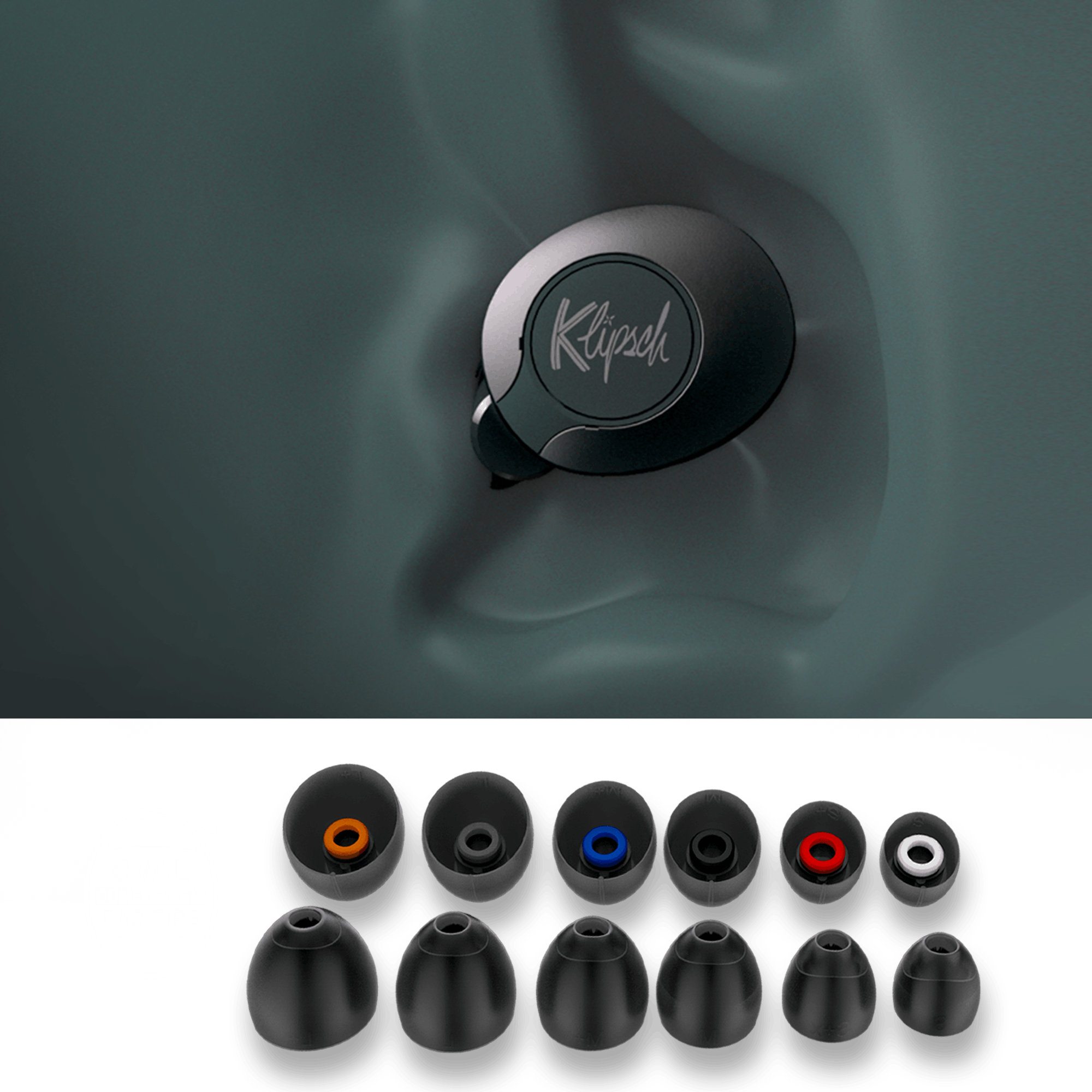 Six pairs of Color Coded oval comfort fit ear tips under an illustration of a Klipsch T5 II True Wireless ANC Earphone positioned in an ear Mobile updated